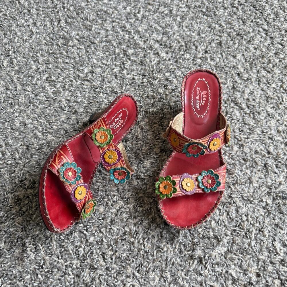 Spring Step 38 US 7.5-8 Ambrosiada Slip On Sandals Red Multi Flower Kitten Heel